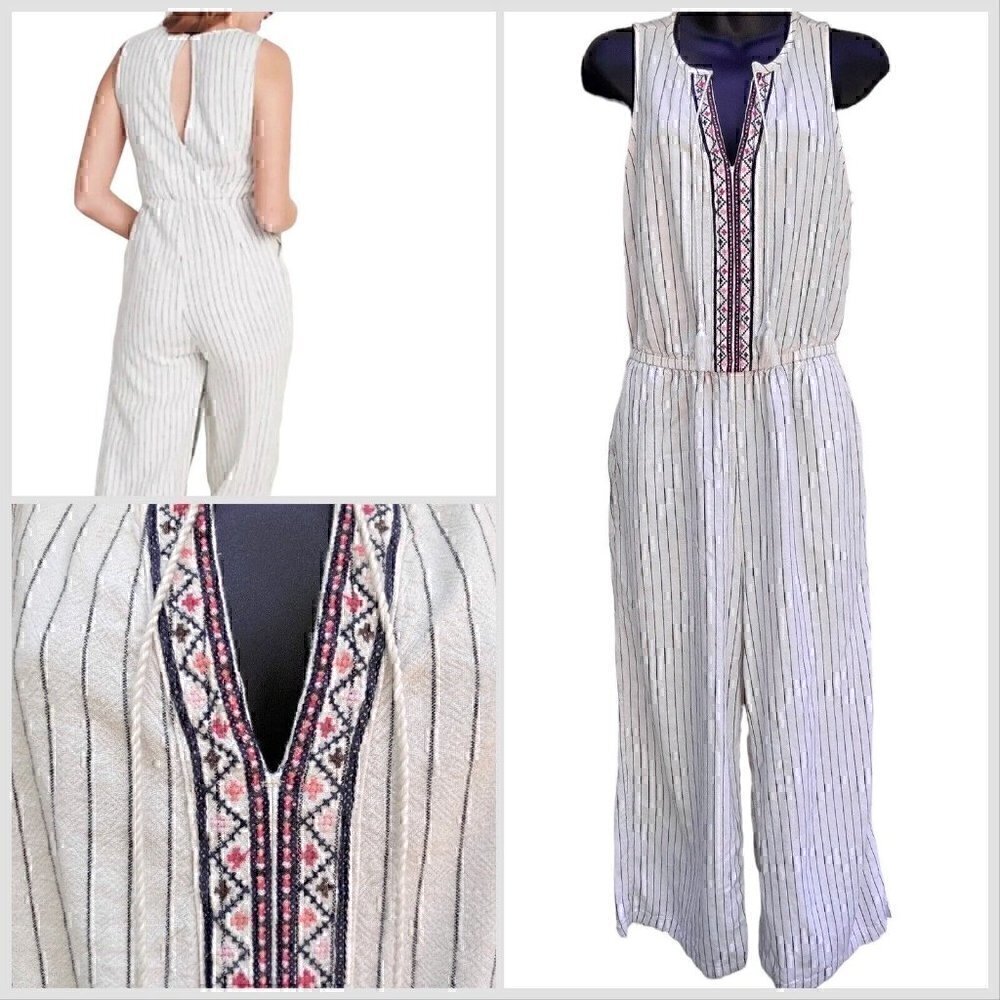 Sleeveless Linen Blend Aztec Embroidery Pinstripe Jumpsuit Tassels Women’s S